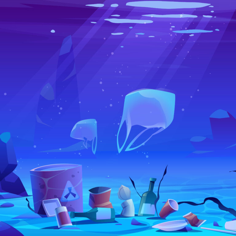 Verschmutzung des Meeres durch Plastikmüll, Müll unter Wasser. Vektor-Cartoon-Landschaft des Meeresbodens mit schwimmenden Säcken, Müllbergen und Flaschen, Fass mit Giftmüll. Ökologisches Desaster