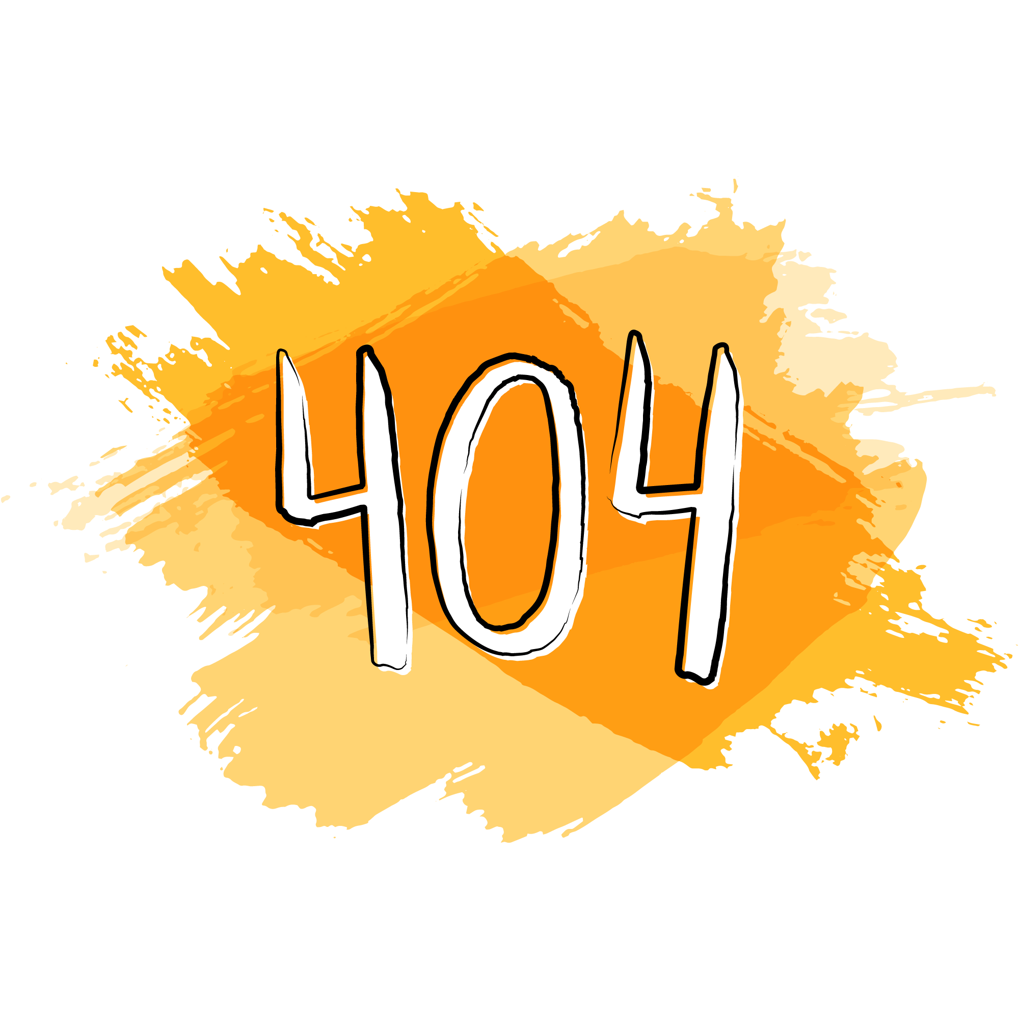 Der Text "404" steht in weißen Buchstaben und schwarzer Kontur auf orangen Pinselstrichen im Hintergrund.