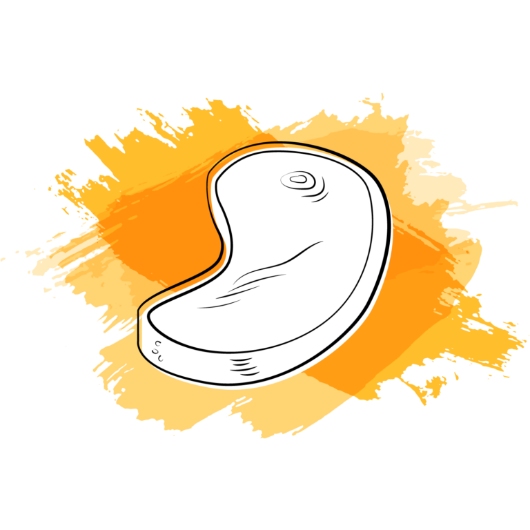 Eine schwarz-weiß Illustration eines Steaks. Im Hintergrund sind orange Pinselstriche.