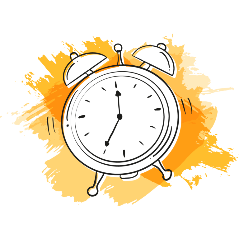 Eine schwarz-weiß Illustration eines Weckers. Im Hintergrund sind orange Pinselstriche.