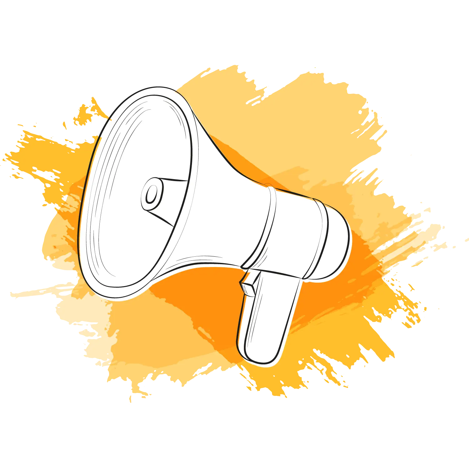 Eine schwarz-weiß Illustration eines Megaphons. Im Hintergrund sind orange Pinselstriche.