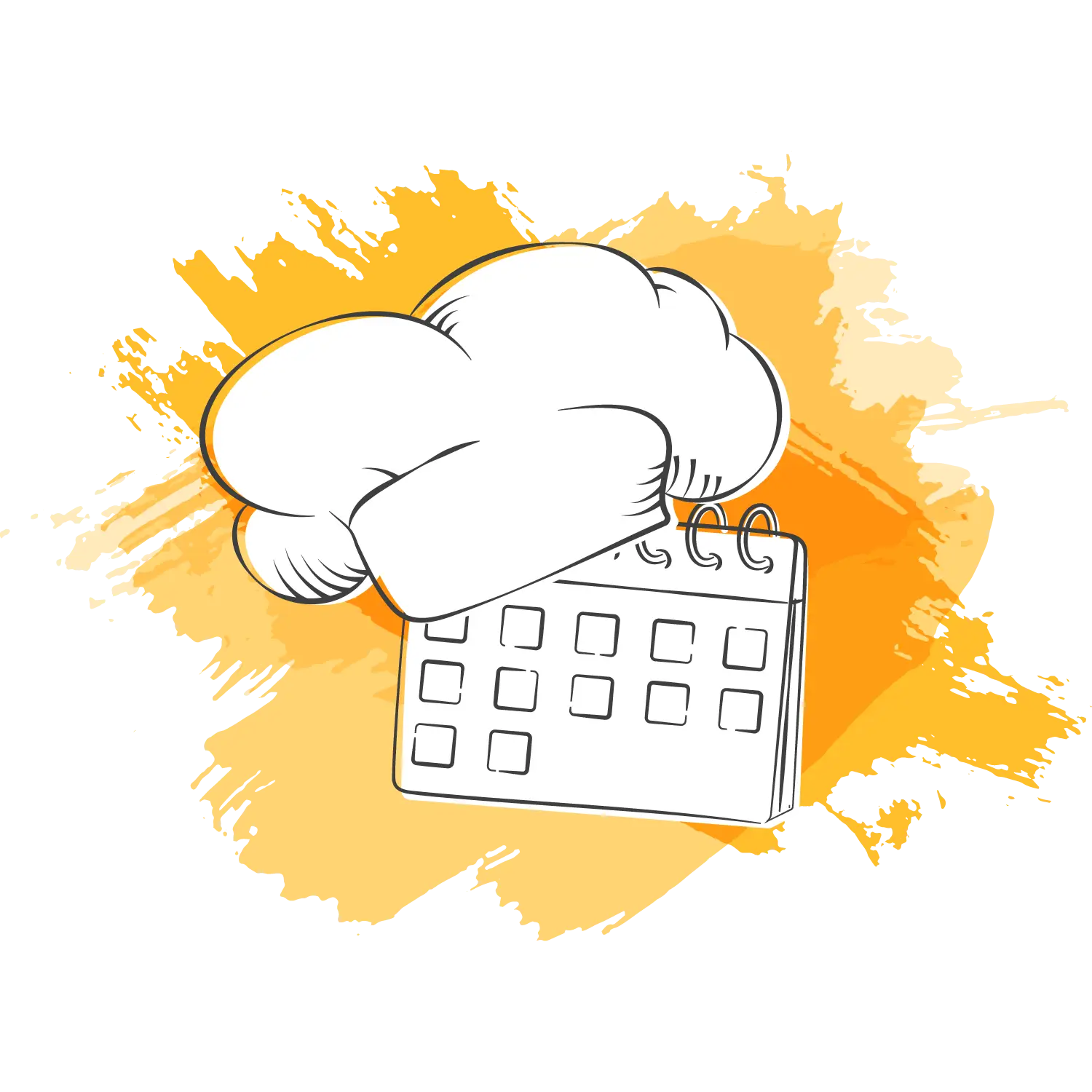 Eine schwarz-weiß Illustration einer Kochmütze und eines Stehkalenders. Im Hintergrund sind orange Pinselstriche.