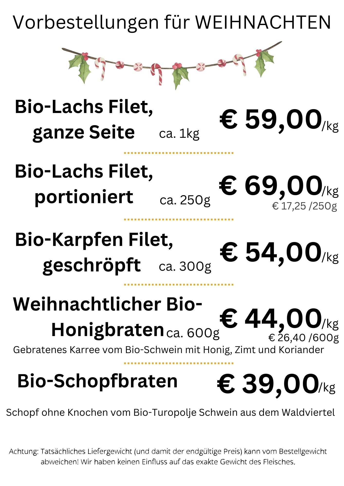 Vorbesteller Liste für weihnachtliche Bio-Fleisch Spezialitäten.
